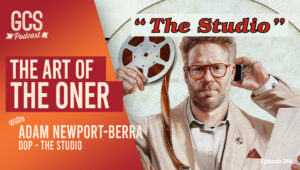 Adam Newport-Berra on set of The Studio, discussing one-take cinematography on the Go Creative Show podcast.